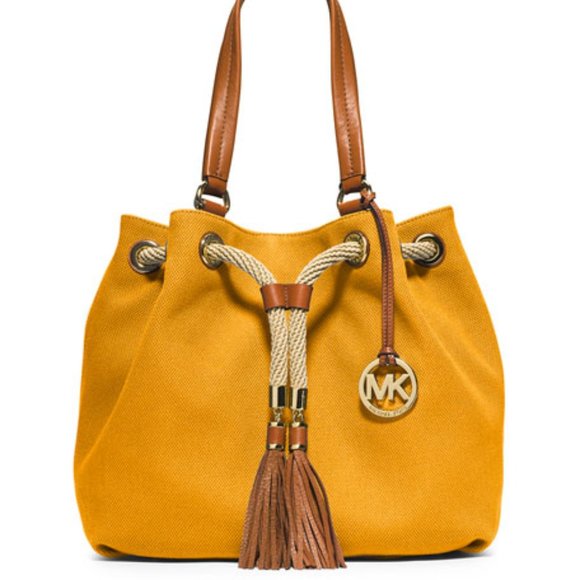 MICHAEL Michael Kors Handbags - Michael Kors Yellow Canvas Marina Large Drawstring Bucket Gathered Tote